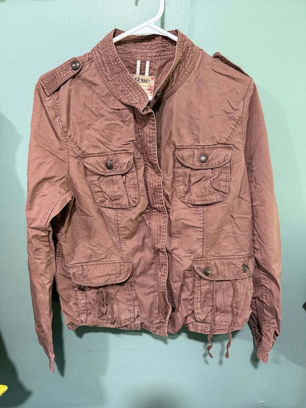 Old Navy Utility Jacket Size Large Brown Cotton Pocketed Mock Neck